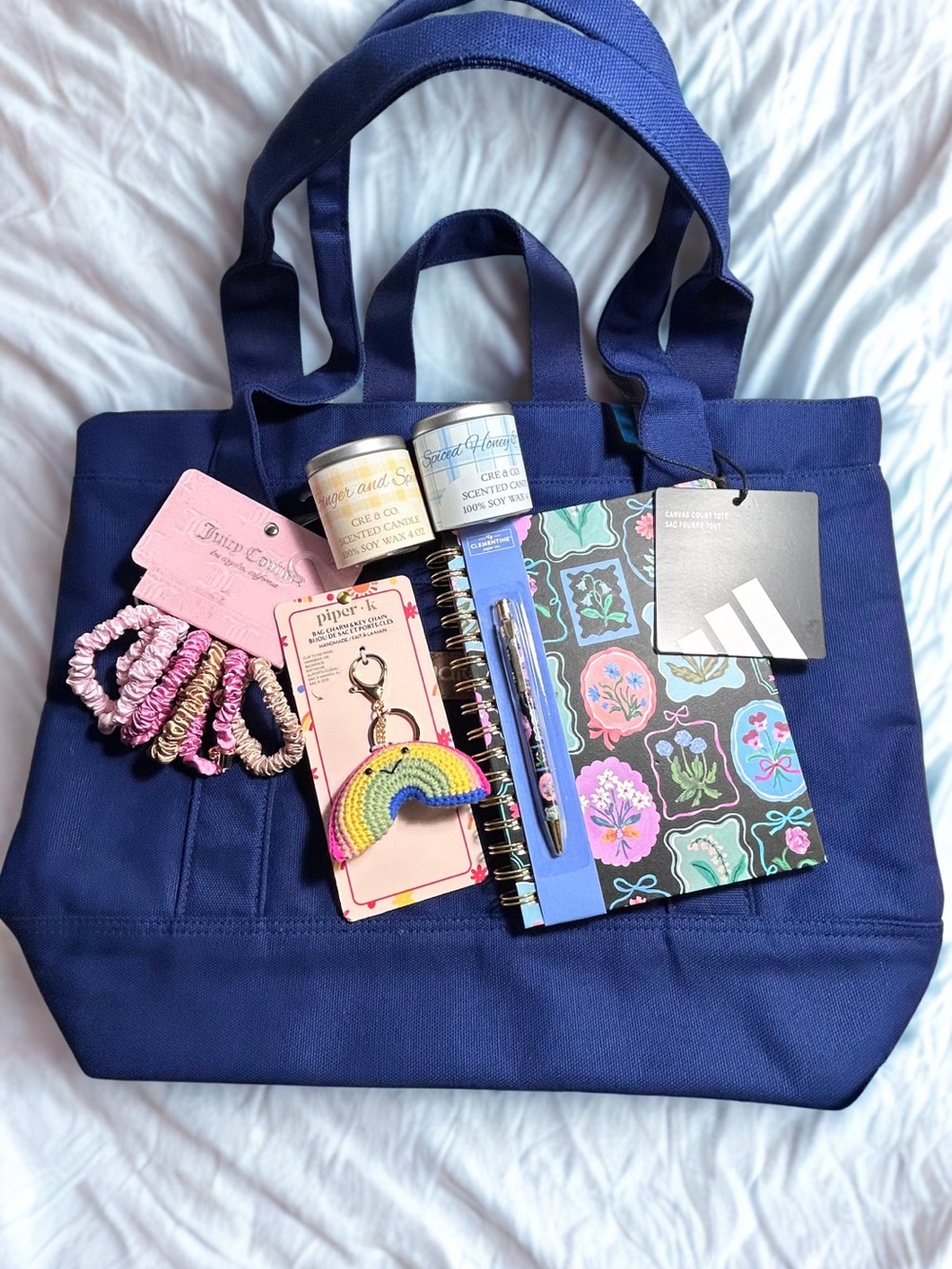 Gift Bundle Large Adidas Navy Blue Tote Bag with Assorted Accessories